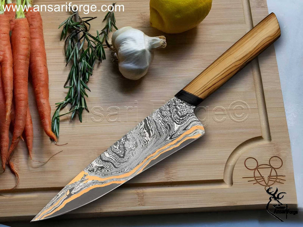 Copper Damascus kitchen knife.
