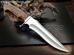 Handmade 13'' Custom D2 Steel Bowie Knife with Walnut Wood Handle and Leather Sheath