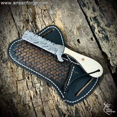 Cowboy Bull Cutter Knife with handmade cowhide leather pancake sheath.