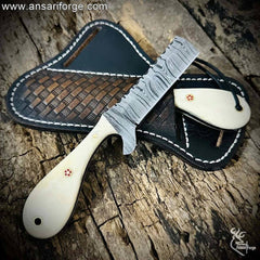 Handmade Damascus Bull Cutter Knife with twist pattern blade and camel bone handle.