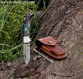 Damascus Pocket Knife , 6 Inch Lock Back Folding Knife With Sharpener & Leather Pouch