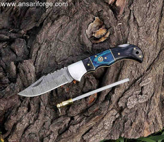 Damascus pocket knife, 6 inches, Pakkawood handle, leather pouch