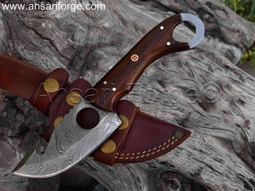 Apex Skinner handcrafted Damascus steel fixed blade Best Deer skinning knife with finger hole grip and rosewood handle.