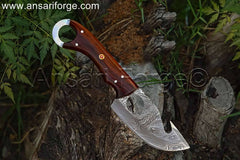 Apex Skinner handcrafted Damascus steel fixed blade best deer skinning knife with finger hole grip and rosewood handle.