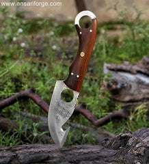 Apex Skinner Handmade Damascus Steel Fixed Blade Finger Hole Gut Hook Skinning Knife