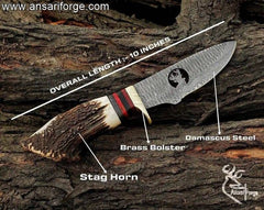 Close-up of 1095 & 15n20 Damascus steel twist pattern hunting knife.