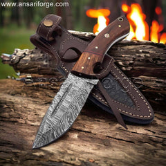9" Damascus Camping Knife, Handmade Hunting Skinning Knife, Wood Handle With Leather Sheath