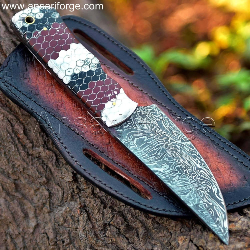 Ansari Forge Talon EDC Fixed Blade Knife - Hand-forged Damascus steel, honeycomb handle, leather sheath.