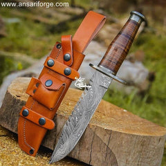 13" Damascus Bowie Knife with hand-forged twist blade, leather handle and sheath.