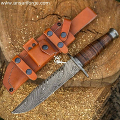 13" Damascus Bowie Knife with hand-forged twist blade, leather handle and sheath.