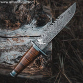 13" Damascus Bowie Knife with hand-forged twist blade, leather handle and sheath.