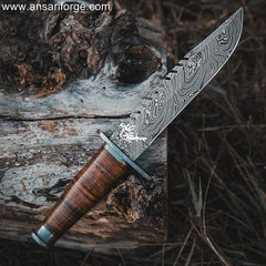 13" Damascus Bowie Knife with hand-forged twist blade, leather handle and sheath.