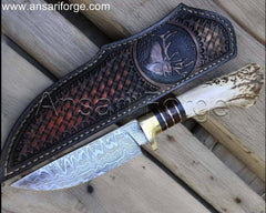 The Deer Hunter, 10" Handmade Real Forged Damascus Hunting Knife With Stag Handle & Leather Sheath