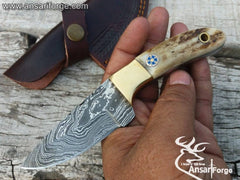 The best budget EDC knife under 100 with full tang Damascus steel blade, Stag handle & leather sheath.