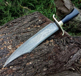 Damascus Bowie Knife Original Feather Blade Alamo Musso Replica With Leather Sheath