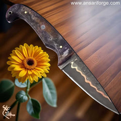 Ladder Pattern Damascus Steel Knife with Copper Accents – Hand-Forged Artisan Blade.