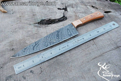 Handmade Damascus steel chef knife olive wood handle & leather sheath