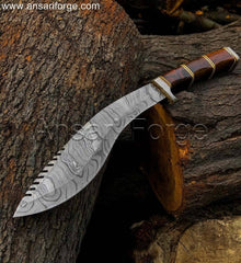 Kukri knife with Damascus steel blade and rosewood handle.
