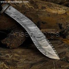 Traditional Kukri knife, featuring a layered Damascus steel blade for strength, a comfortable rosewood handle, and a leather sheath for secure carry.