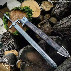 Hand-Forged Custom Knight Sword (38") by Ansari Forge with Rosewood Scabbard and Damascus Steel Hilt.