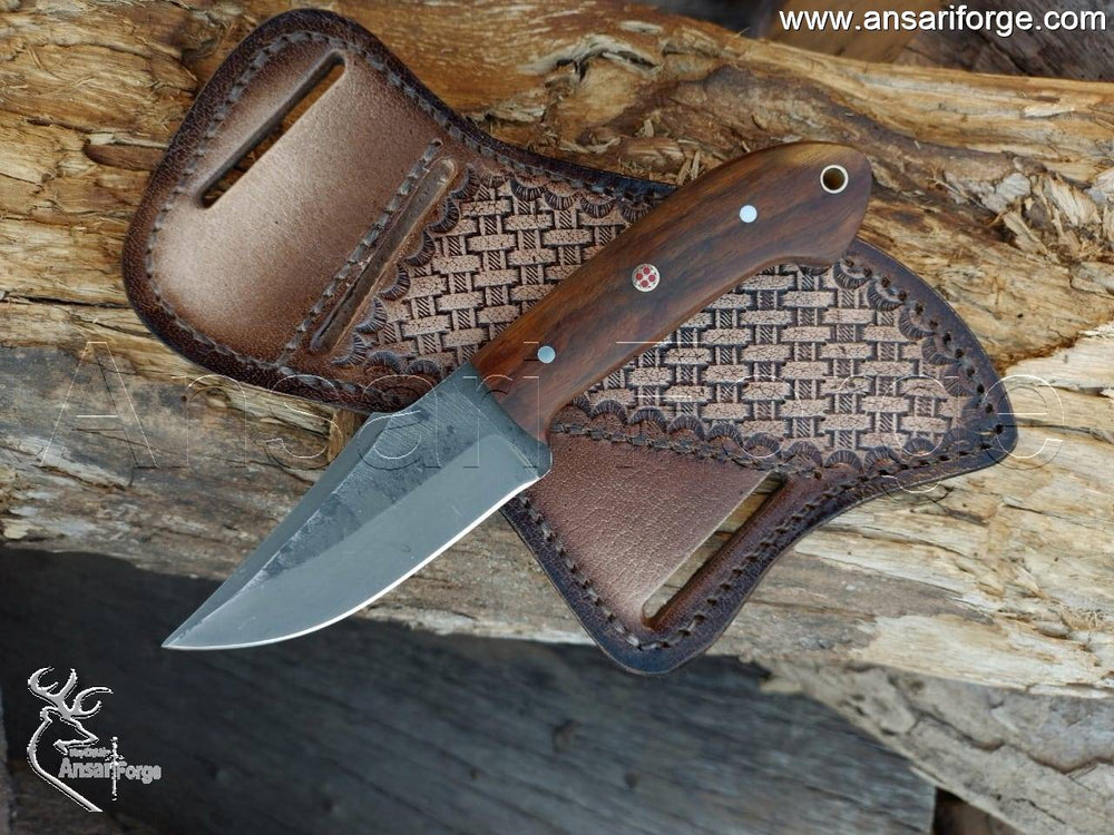 Traditional Cowboy Knife, hand-forged 5160 high carbon steel blade, rosewood handle, and leather sheath.