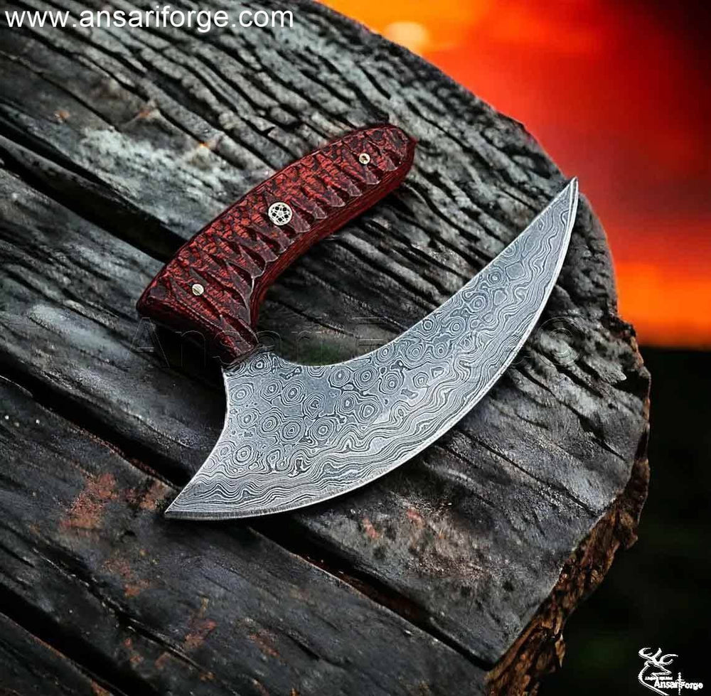 Hand-forged Damascus steel Ulu Knife with Pakka wood handle and leather sheath.