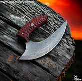 Hand-forged Damascus steel Ulu Knife with Pakka wood handle and leather sheath.