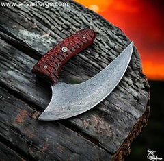 Hand-forged Damascus steel Ulu Knife with Pakka wood handle and leather sheath.