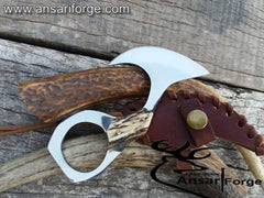 Ansari Forge handmade EDC neck knife with finger hole grip and leather sheath