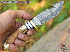Damascus Steel Gut Hook Knife For Skinning Hunting 9 inch Fixed Blade Stag Handle Leather Sheath