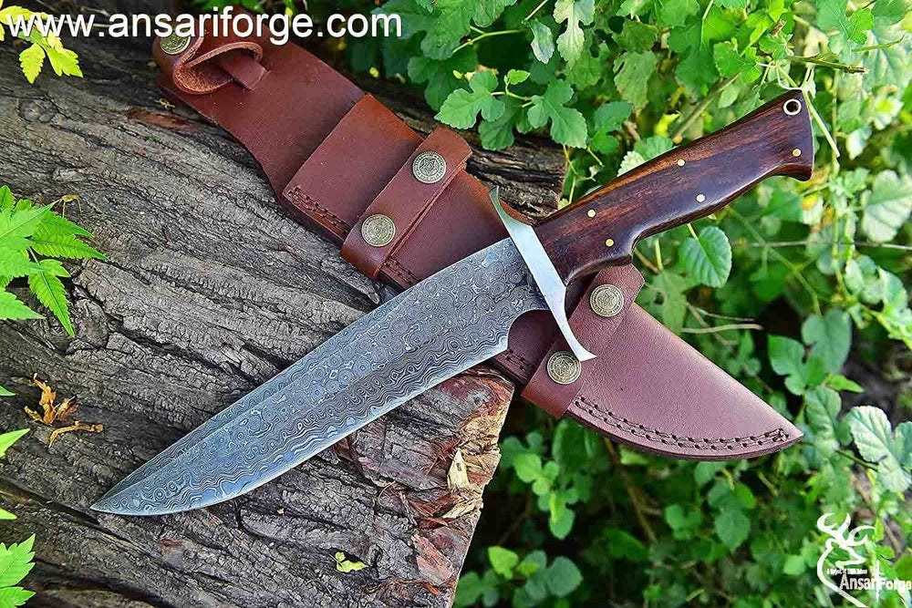 Handmade Damascus steel rain drop Bowie knife with leather sheath