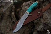 Custom Handmade Damascus Bowie Knife - Turquoise stone handle, brass accents & leather sheath.