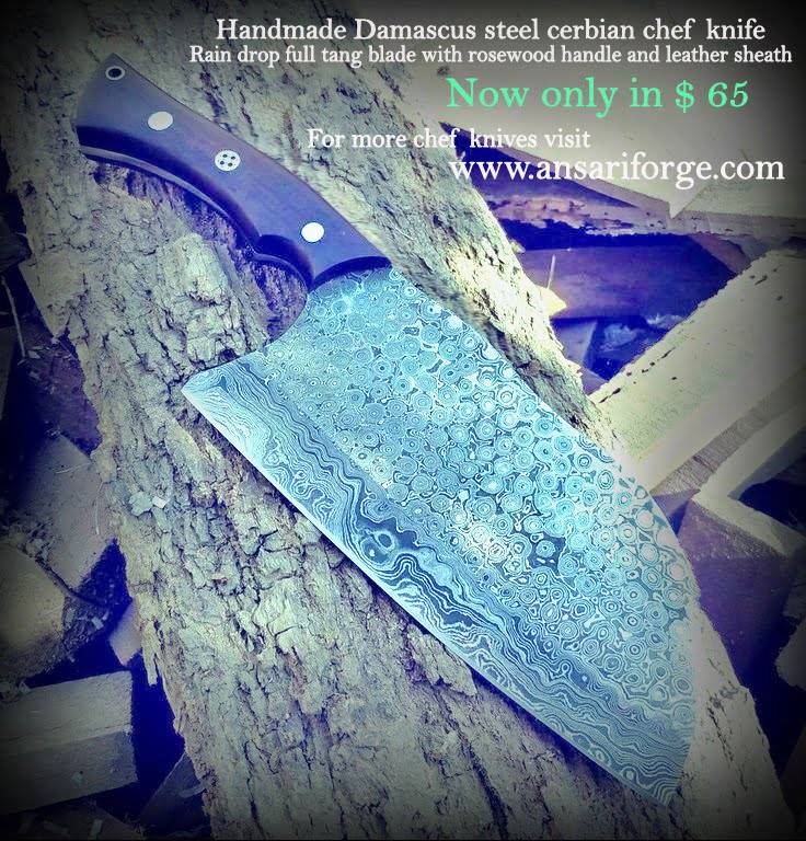 Damascus steel rain drop Serbian chef knife.