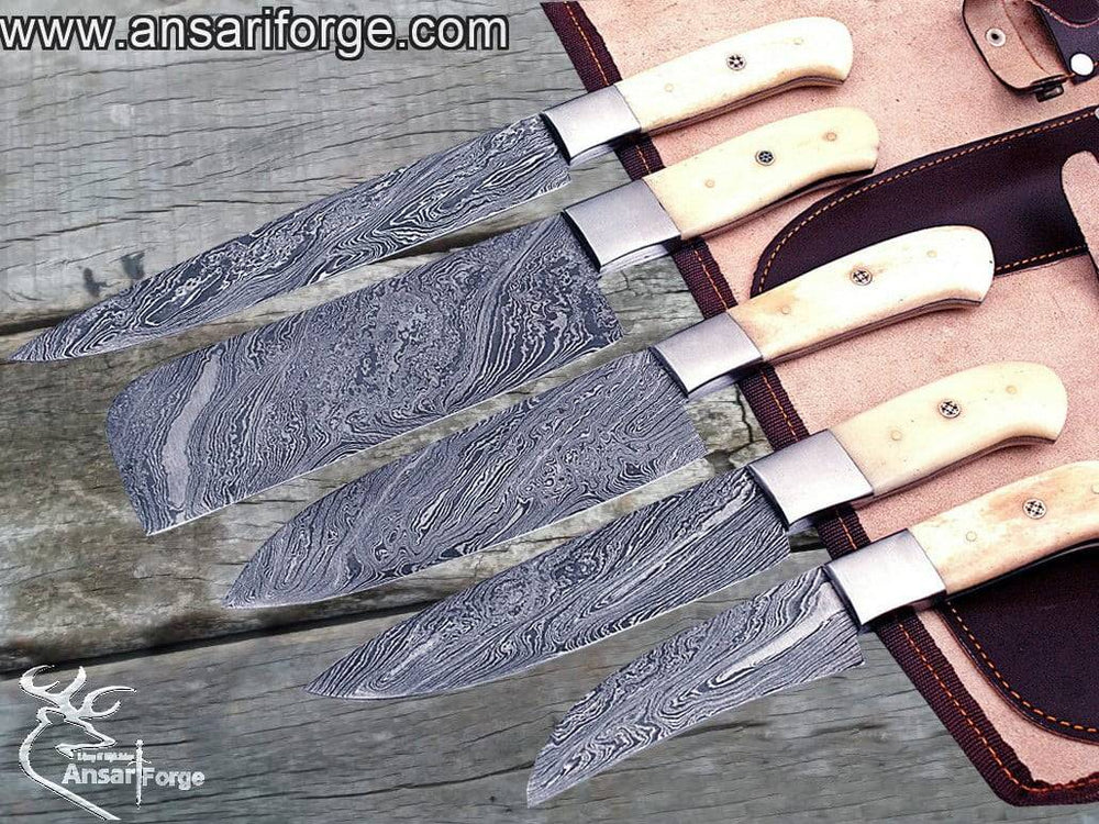 Damascus steel chef knife set 5 pc best kitchen knives with bone handle leather roll bag
