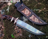 Copper Damascus Knife with Burl Wood Handle and Leather Sheath