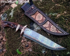 Copper Damascus Knife with Burl Wood Handle and Leather Sheath