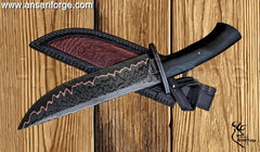 Full view of the Ansari Forge Copper Damascus Hunter Knife, featuring the 7.5-inch clip point blade and black micarta handle.