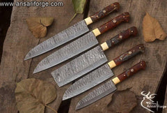 Damascus Kitchen Knife Set, 5 knives+ roll bag.
