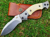 D2 tool steel handmade folding pocket knife with leather sheath