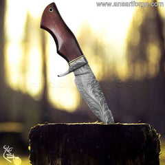 Premium Damascus Feather Knife featuring a versatile drop point blade, making it an excellent choice for hunting and bushcraft outdoor gear.