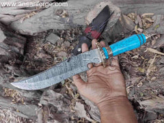 Handmade Damascus steel Bowie Knife With Gut Hook Blade.