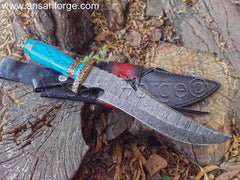 13-inch Damascus Bowie knife with intricate blade patterns and a blue turquoise stone handle, displayed on a rustic wooden background.