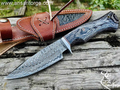 Damascus Hunting Bowie Knife with a ladder pattern Blade.