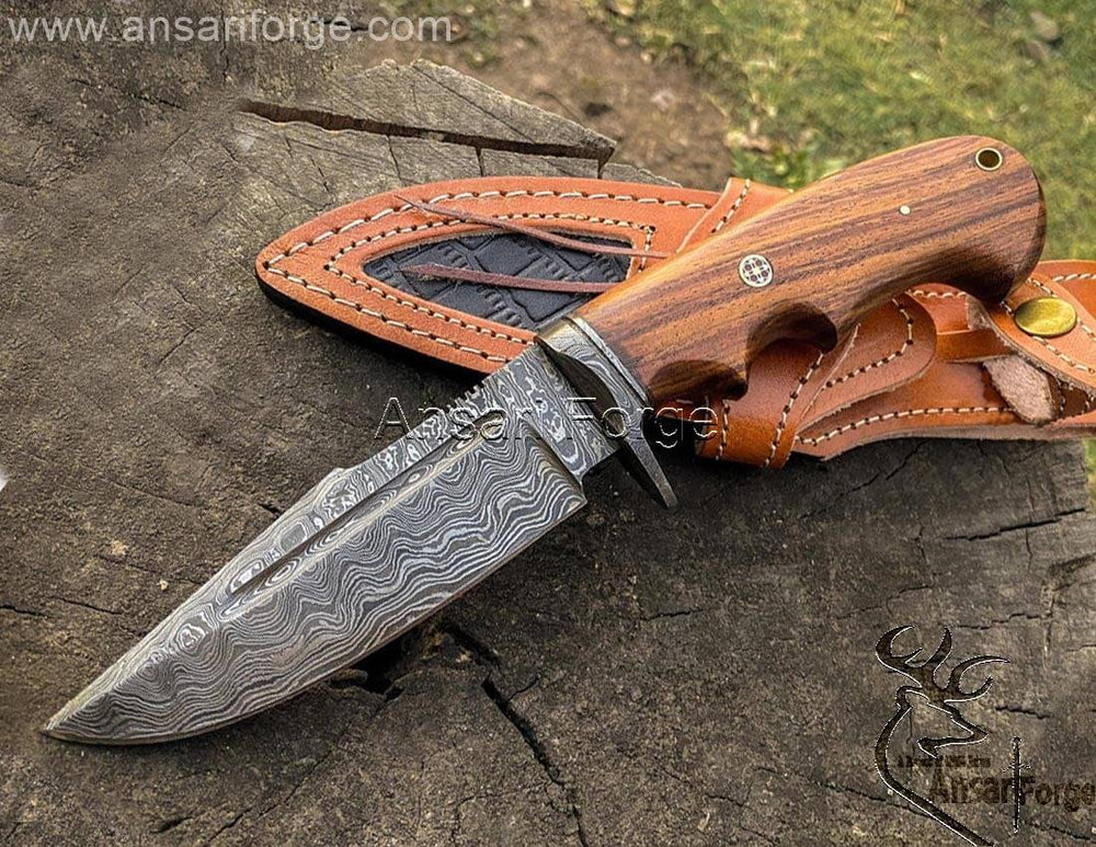 Custom Handmade Damascus Knife with walnut wood handle & dual carry leather sheath.