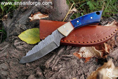 Handmade Damascus Fixed Blade Hunting Skinning Knife Blue