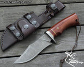 Concealed horizontal carry knife with Damascus steel blade, rosewood handle, and leather sheath.