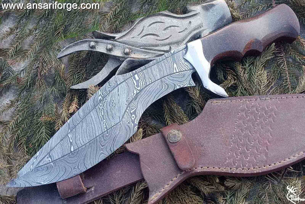 Damascus Survival Hunting Knife with Sheath, 15-inch Fixed Blade Tactical Bowie Knife with Sharpener for Camping, Outdoor, Bushcraft .