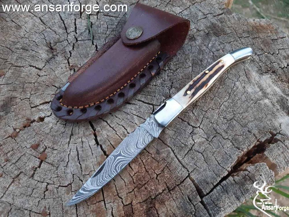 Handmade Damascus steel French Traditional Folding Blade Pocket Knife With Knife Sharpener Best For Hunting , Camping , EDC & Kitchen Works .