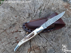 Handmade Damascus steel French Traditional Folding Blade Pocket Knife With Knife Sharpener Best For Hunting , Camping , EDC & Kitchen Works . Laguiole folding knife with damascus blade - Collector edition