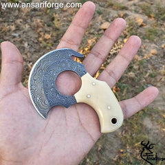 Damascus Steel EDC Knife 4" Fixed Blade Mini Knife for Skinning,Survival,Camping and Outdoor Enthusiasts with Natural Handle and Leather Sheath